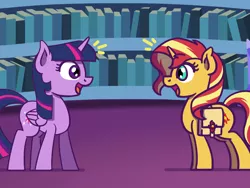 Size: 1800x1350 | Tagged: safe, artist:flutterluv, derpibooru import, part of a set, sunset shimmer, twilight sparkle, twilight sparkle (alicorn), alicorn, pony, unicorn, atg 2022, bag, bookshelf, duo, image, jpeg, looking at each other, looking at someone, newbie artist training grounds, part of a series, saddle bag
