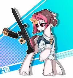 Size: 5701x6037 | Tagged: artist needed, source needed, safe, derpibooru import, oc, unofficial characters only, pony, unicorn, abstract background, gun, horn, image, jpeg, magic, raised hoof, small horn, solo, telekinesis, unicorn oc, weapon