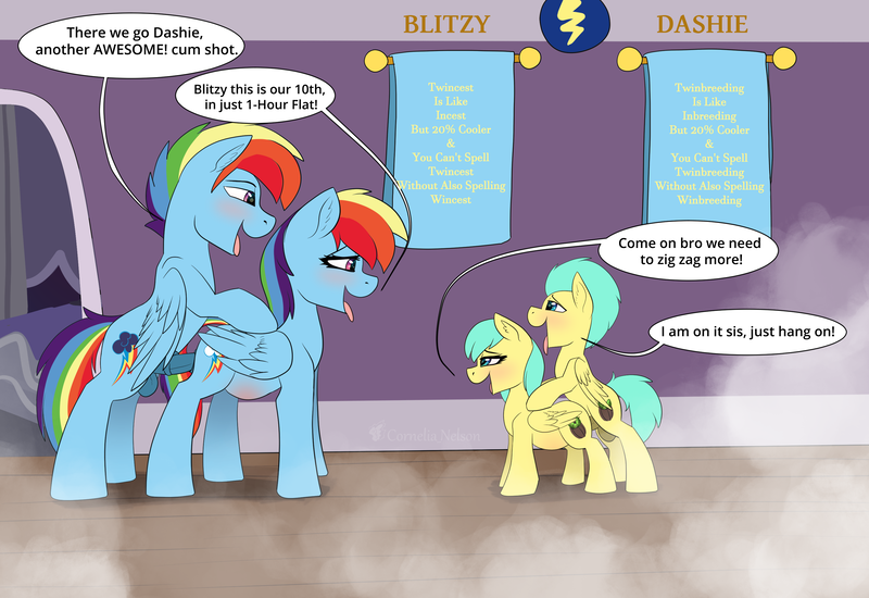 Size: 3200x2200 | Tagged: source needed, explicit, artist:cornelia_nelson, derpibooru import, pickle barrel, rainbow dash, pegasus, pony, balls, bedroom eyes, blushing, brother, brother and sister, colt, colt on filly, cute, cute porn, dialogue, doggy style, door, doorway, exclamation point, family, female, filly, foal, foalcon, from behind, high res, image, inbreeding, incest, indoors, looking at each other, looking at someone, male, mare, name, nostrils, nudity, numbers, penis, png, pregnant, pregnant sex, r63 paradox, rainbow blitz, rainbow dash's bedroom, rainbow dash's house, rule 63, self paradox, self ponidox, selfcest, sex, shadow, shakespearicles, shipping, shower, shower sex, siblings, signature, sister, speech bubble, stallion, stallion on mare, standing, steam, straight, symbol, talking, text, tongue out, towel, twinbreeding, twincest, twins, underage, wall of tags, wincest, wonderbolts logo