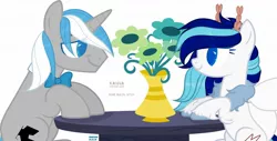 Size: 1280x650 | Tagged: safe, artist:hoochuu, derpibooru import, oc, unofficial characters only, insect, moth, mothpony, original species, pony, unicorn, base used, bowtie, commission, duo, female, flower, horn, image, jpeg, looking at each other, looking at someone, male, mare, simple background, smiling, stallion, unicorn oc, vase, white background, ych result