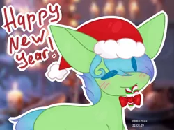 Size: 1280x960 | Tagged: safe, artist:hoochuu, derpibooru import, oc, unofficial characters only, earth pony, pony, base used, candy, candy cane, christmas, commission, earth pony oc, food, happy new year, hat, holiday, image, jpeg, mouth hold, one eye closed, santa hat, smiling, solo, wink, ych result