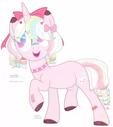 Size: 1280x1440 | Tagged: safe, artist:hoochuu, derpibooru import, oc, unofficial characters only, pony, unicorn, base used, bow, choker, commission, female, hair bow, hoof polish, horn, image, jpeg, mare, raised hoof, simple background, smiling, solo, spiked choker, unicorn oc, white background, ych result