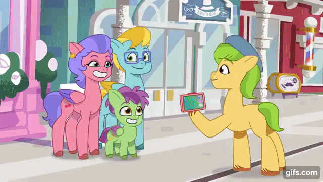 Size: 640x360 | Tagged: safe, derpibooru import, screencap, sunny starscout, my little pony: tell your tale, spoiler:g5, spoiler:my little pony: tell your tale, animated, g5, gif, image, my bananas, oops, phone, photobomb