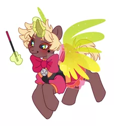 Size: 1280x1410 | Tagged: safe, artist:kusacakusaet, derpibooru import, oc, unofficial characters only, pony, unicorn, artificial wings, augmented, bowtie, deviantart watermark, horn, image, jpeg, magic, magic wand, magic wings, obtrusive watermark, simple background, smiling, unicorn oc, watermark, white background, wings