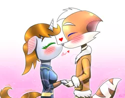 Size: 1679x1316 | Tagged: safe, artist:questionmarkdragon, derpibooru import, oc, oc:littlepip, anthro, fox, unicorn, fallout equestria, abstract background, blushing, clothes, ear blush, floppy ears, hetero littlepip, holding hands, horn, image, jumpsuit, oc x oc, png, shipping, unicorn oc, vault suit