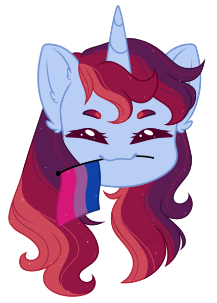 Size: 1215x1700 | Tagged: safe, artist:purplegrim40, derpibooru import, oc, unofficial characters only, pony, unicorn, bisexual pride flag, bust, commission, ear fluff, eyes closed, female, horn, image, mare, png, pride, pride flag, simple background, solo, transparent background, unicorn oc, ych result