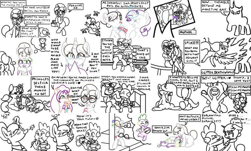 Size: 8016x4816 | Tagged: safe, artist:pony4koma, derpibooru import, izzy moonbow, opaline, princess celestia, rarity, raven, spike, sunny starscout, alicorn, dragon, fly, fly-der, human, hybrid, insect, pony, spider, unicorn, my little pony: make your mark, spoiler:my little pony: make your mark, angry, asphyxiation, cake, cakelestia, confused, cooking, crying, cuddling, cute, disgusted, distracted, eating, female, flowing mane, food, g5, glasses, glitter, hair bun, happy, humanized, hunting, hunting trophy, ice cream, image, implied death, legs, magic, male, necktie, newbie artist training grounds, older, older spike, photo, picnic, png, ravenbetes, ravenspike, relationship, sad, scared, secretary, shipping, spikabetes, spike's mother, straight, strangling, thought bubble, training, winged spike, wings