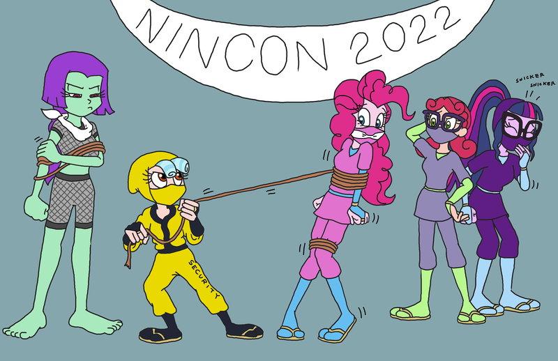 Size: 3346x2165 | Tagged: safe, artist:bugssonicx, derpibooru import, alizarin bubblegum, cozy glow, pinkie pie, sci-twi, twilight sparkle, oc, oc:shell break, equestria girls, barefoot, bondage, brightly colored ninjas, cleave gag, clothes swap, feet, gag, image, kunoichi, laughing, mask, ninja, png, rope, sandals, snickering, upset