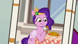 Size: 800x450 | Tagged: safe, derpibooru import, screencap, pipp petals, pegasus, pony, my little pony: tell your tale, spoiler:g5, spoiler:tyts01e21, animated, eating, eyes closed, female, food, fork, g5, gif, headband, image, jewelry, looking sideways, mare, messy, mobile phone, my bananas, pasta, phone, regalia, solo, spaghetti, sunglasses, table, youtube link