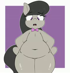 Size: 3920x4080 | Tagged: safe, artist:blitzyflair, derpibooru import, octavia melody, earth pony, pony, belly, belly button, bipedal, bowtie, chubby, eyebrows, eyebrows visible through hair, female, hooves on hips, image, jpeg, looking at you, mare, open mouth, solo, solo female, standing on two hooves, wide hips