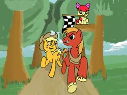 Size: 1440x1079 | Tagged: safe, artist:theapplequeen1, derpibooru import, apple bloom, applejack, big macintosh, earth pony, pony, apple siblings, apple sisters, atg 2022, brother and sister, checkered flag, female, filly, finish line, foal, image, jpeg, male, mare, newbie artist training grounds, race, siblings, sisters, stallion