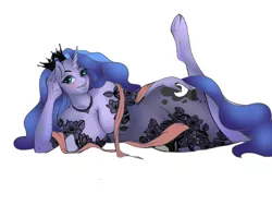 Size: 1600x1200 | Tagged: suggestive, artist:mdwines, derpibooru import, princess luna, anthro, breasts, cleavage, crown, curvy, image, jewelry, lace, png, raised hoof, regalia, sexy, simple background, sketch, solo, white background