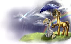 Size: 2100x1300 | Tagged: safe, alternate version, artist:aquagalaxy, derpibooru import, derpy hooves, doctor whooves, time turner, earth pony, pegasus, pony, crying, doctorderpy, female, image, male, mare, png, rain, rainbow, shipping, stallion, straight, umbrella, wallpaper