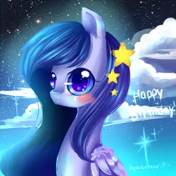 Size: 1000x1000 | Tagged: safe, artist:aquagalaxy, derpibooru import, oc, unofficial characters only, pegasus, pony, birthday, blushing, bust, image, png, solo, stars