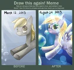 Size: 784x744 | Tagged: safe, artist:aquagalaxy, derpibooru import, derpy hooves, pegasus, pony, :p, bubble, comparison, crepuscular rays, draw this again, female, image, mare, png, redraw, smiling, solo, sunlight, tongue out, underwater, water