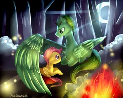 Size: 1500x1200 | Tagged: safe, artist:aquagalaxy, derpibooru import, scootaloo, oc, oc:emerald rescue, pegasus, pony, campfire, crescent moon, forest, image, lying down, moon, night, png, solo, tree