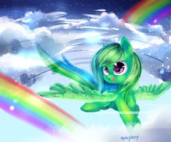 Size: 3000x2500 | Tagged: safe, artist:aquagalaxy, derpibooru import, oc, unofficial characters only, pegasus, pony, cloud, flying, high res, image, open mouth, open smile, pegasus oc, png, rainbow, smiling, solo, wings
