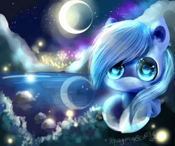 Size: 3000x2500 | Tagged: safe, artist:aquagalaxy, derpibooru import, oc, unofficial characters only, pony, crescent moon, front view, high res, image, looking at you, lying down, moon, night, png, prone, solo, water