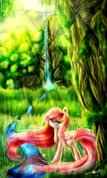 Size: 3000x5000 | Tagged: safe, artist:aquagalaxy, derpibooru import, fluttershy, pegasus, pony, crepuscular rays, female, forest, high res, image, lidded eyes, long mane, long tail, mare, png, river, solo, stream, tail, tree, water, waterfall