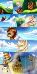 Size: 1000x2000 | Tagged: safe, artist:aquagalaxy, derpibooru import, derpy hooves, doctor whooves, time turner, earth pony, pegasus, pony, blushing, bubble, comic, doctorderpy, female, fire, image, male, png, shipping, straight
