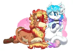 Size: 2332x1649 | Tagged: safe, artist:焰心fireworks, derpibooru import, oc, oc:cookie warm, oc:shining blade, unofficial characters only, dracony, dragon, hybrid, kirin, succubus, succubus pony, amputee, blind, broken horn, couple, horn, image, png, pregnant, scar, shipping