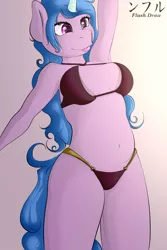 Size: 800x1200 | Tagged: suggestive, artist:flash_draw, derpibooru import, izzy moonbow, anthro, unicorn, clothes, cute, female, g5, image, jpeg, simple background, solo, solo female, swimsuit, tail, tongue out