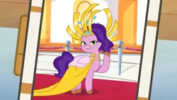 Size: 3410x1920 | Tagged: safe, derpibooru import, screencap, pipp petals, pegasus, pony, my little pony: tell your tale, spoiler:g5, spoiler:my little pony: tell your tale, spoiler:tyts01e21, clothes, crown, dress, female, g5, headdress, high res, image, jewelry, jpeg, mare, mobile phone, my bananas, phone, pipp petals always dresses in style, regal, regalia, smartphone, smiling, solo, youtube link