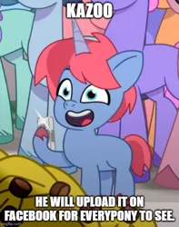 Size: 500x635 | Tagged: safe, derpibooru import, screencap, pony, unicorn, my little pony: tell your tale, spoiler:g5, spoiler:my little pony: tell your tale, spoiler:tyts01e21, banana, colt, cropped, foal, food, g5, image, jpeg, kazoo (character), male, mobile phone, my bananas, phone, smartphone