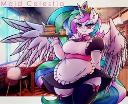 Size: 3401x2765 | Tagged: safe, artist:canvymamamoo, derpibooru import, princess celestia, alicorn, anthro, big breasts, blushing, breasts, busty princess celestia, cafe, cake, cake slice, chair, clothes, cuffs (clothes), cupcake, ear fluff, eyebrows, eyebrows visible through hair, eyeshadow, female, food, heart, heart eyes, holding, image, jewelry, jpeg, lidded eyes, looking at you, maid, makeup, regalia, serving tray, smiling, smug, socks, solo, spread wings, stockings, table, thigh highs, wide hips, wingding eyes, wings