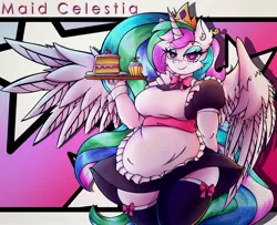 Size: 3401x2765 | Tagged: safe, alternate version, artist:canvymamamoo, derpibooru import, princess celestia, alicorn, anthro, abstract background, big breasts, blushing, breasts, busty princess celestia, cake, cake slice, clothes, cuffs (clothes), cupcake, ear fluff, eyebrows, eyebrows visible through hair, eyeshadow, female, food, heart, heart eyes, holding, image, jewelry, jpeg, lidded eyes, looking at you, maid, makeup, regalia, serving tray, smiling, smug, socks, solo, spread wings, stars, stockings, thigh highs, wide hips, wingding eyes, wings