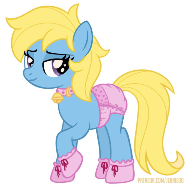 Size: 1000x1001 | Tagged: suggestive, artist:jennieoo, derpibooru import, oc, oc:cream, earth pony, pony, bell, bell collar, collar, diaper, image, looking at you, mittens, patreon, patreon reward, png, show accurate, simple background, sketch, smiling, smiling at you, solo, transparent background