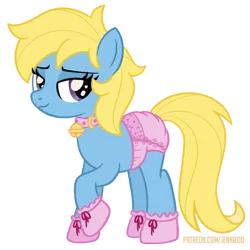 Size: 1000x1001 | Tagged: suggestive, artist:jennieoo, derpibooru import, oc, oc:cream, earth pony, pony, bell, bell collar, collar, diaper, image, looking at you, mittens, patreon, patreon reward, png, show accurate, simple background, sketch, smiling, smiling at you, solo, transparent background