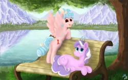 Size: 1280x800 | Tagged: safe, artist:maslivka, derpibooru import, cozy glow, diamond tiara, earth pony, pegasus, pony, :3, bench, image, jpeg, lake, mountain, smiling, spread wings, water, wings