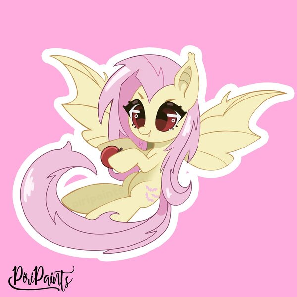 Size: 1200x1200 | Tagged: safe, artist:piripaints, derpibooru import, fluttershy, bat pony, apple, bat ponified, chibi, cute, flutterbat, food, image, jpeg, pink background, race swap, shyabates, shyabetes, signature, simple background, solo, spread wings, wings