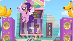 Size: 3410x1920 | Tagged: safe, derpibooru import, screencap, pipp petals, pegasus, pony, my little pony: tell your tale, spoiler:g5, spoiler:my little pony: tell your tale, spoiler:tyts01e21, balloon, banana, female, flying, food, g5, headband, high res, image, jewelry, jpeg, mare, microphone, my bananas, open mouth, open smile, regalia, smiling, solo, speaker, spread wings, wings, youtube link