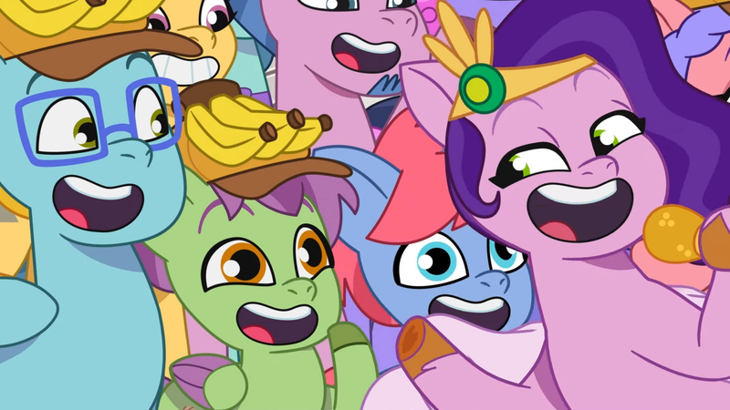 Size: 3410x1920 | Tagged: safe, derpibooru import, screencap, pipp petals, earth pony, pegasus, pony, my little pony: tell your tale, spoiler:g5, spoiler:my little pony: tell your tale, spoiler:tyts01e21, banana, colt, facial hair, female, flying, foal, food, g5, glasses, headband, high res, image, jewelry, jpeg, kazoo (character), male, mare, microphone, my bananas, open mouth, open smile, regalia, smiling, spread wings, stallion, wings, youtube link