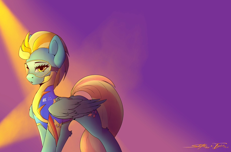 Size: 3800x2500 | Tagged: safe, artist:skitsniga, artist:tyleks, derpibooru import, lightning dust, pegasus, pony, aviator goggles, collaboration, female, goggles, image, looking at you, mare, partially open wings, png, simple background, solo, standing, wings, wonderbolts