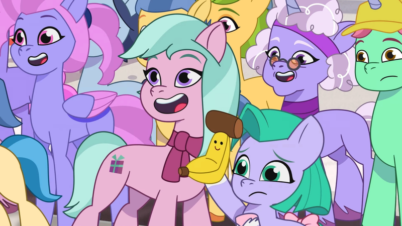 Size: 3410x1920 | Tagged: safe, derpibooru import, screencap, earth pony, pegasus, pony, unicorn, my little pony: tell your tale, spoiler:g5, spoiler:my little pony: tell your tale, spoiler:tyts01e21, background pony audience, banana, cap, clothes, dahlia, female, filly, foal, food, frown, g5, glasses, hat, headband, high res, image, jpeg, male, mare, my bananas, open mouth, open smile, plushie, scarf, seashell (g5), smiling, stallion, youtube link