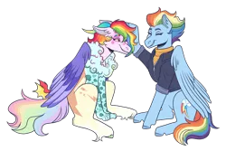 Size: 3300x2200 | Tagged: safe, artist:kikirdcz, derpibooru import, rainbow dash, oc, oc:rainbow storm, draconequus, pegasus, pony, clothes, draconequus oc, duo, duo female, eyebrows, eyes closed, female, folded wings, grin, high res, image, jacket, mare, older, older rainbow dash, patting, png, simple background, sitting, smiling, transparent background, wings