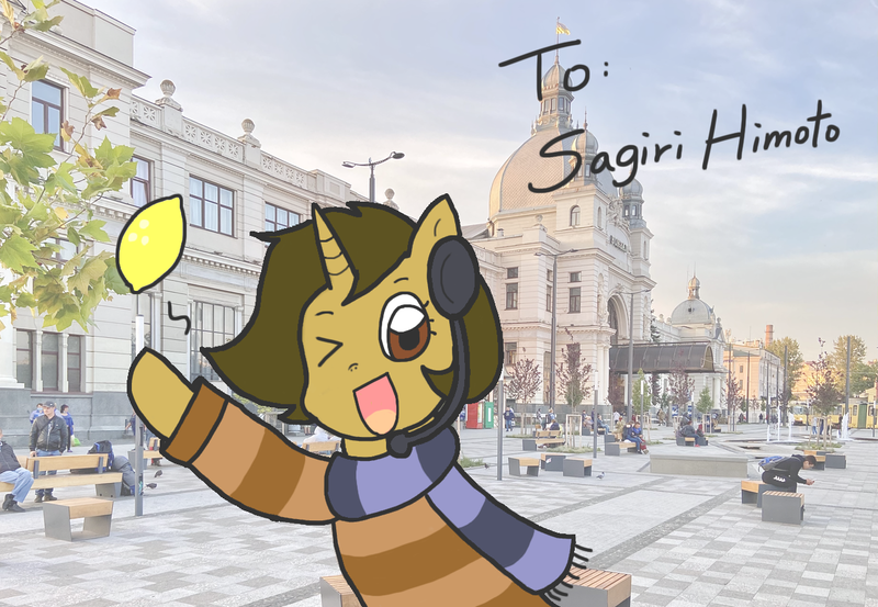 Size: 1280x885 | Tagged: safe, artist:foxy1219, derpibooru import, oc, oc:sagiri himoto, unofficial characters only, pony, unicorn, brown coat, brown eyes, brown mane, city, clothes, ears, ears up, food, gift art, green mane, headphones, horn, image, irl, lemon, looking at you, lviv, one eye closed, photo, png, ponies in real life, scarf, smiling, smiling at you, solo, sweater, ukraine, unicorn oc, waving, waving at you, wink, winking at you