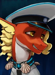 Size: 3120x4200 | Tagged: source needed, safe, artist:neitherman83, derpibooru import, oc, oc:posada, unofficial characters only, pony, seapony (g4), equestria at war mod, bust, clothes, female, happy, image, jewelry, mare, military, military uniform, necklace, png, portrait, seapony oc, seashell necklace, smiling, uniform, uniform hat, yellow eyes, yellow mane