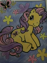 Size: 2448x3264 | Tagged: safe, artist:maddiedraws5678, derpibooru import, scootaloo (g3), earth pony, pony, blue background, colored, coloring page, cute, female, g3, g3 cutealoo, image, jpeg, mare, simple background, smiling, solo