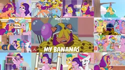 Size: 1280x720 | Tagged: safe, derpibooru import, edit, edited screencap, editor:quoterific, screencap, hitch trailblazer, izzy moonbow, pipp petals, posey (g5), sunny starscout, zipp storm, earth pony, pegasus, pony, raccoon, unicorn, my little pony: tell your tale, spoiler:g5, spoiler:my little pony: tell your tale, spoiler:tyts01e21, background pony audience, balloon, banana, banana peel, bed, bed mane, blanket, blender (object), cap, covering mouth, dahlia, eyes closed, female, flying, food, fork, g5, gem, grin, hat, headband, helmet, hiding, image, jewelry, kazoo (character), male, mane five (g5), mare, messy, messy mane, microphone, mobile phone, my bananas, open mouth, open smile, phone, png, raccorn, regalia, remote, roller skates, sad, shrunken pupils, smartphone, smiling, smoothie, spaghetti sauce, spread wings, stallion, sticker, television, text, wings