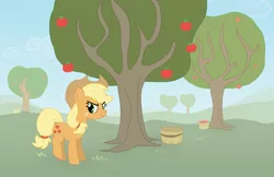 Size: 2732x1767 | Tagged: safe, artist:mandumustbasukanemen, derpibooru import, applejack, apple, apple tree, applebucking, atg 2022, food, image, jpeg, newbie artist training grounds, raised leg, smiling, solo, tree