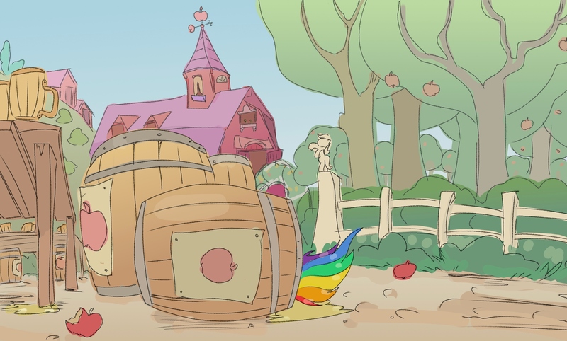 Size: 2732x1647 | Tagged: safe, artist:mandumustbasukanemen, derpibooru import, rainbow dash, apple, atg 2022, barn, barrel, cider, cider dash, drinking, food, image, jpeg, mug, newbie artist training grounds, solo, sweet apple acres, table, tail, tree