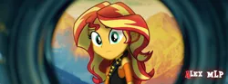 Size: 4094x1528 | Tagged: safe, artist:alex mlp, derpibooru import, edit, edited screencap, screencap, sunset shimmer, human, equestria girls, equestria girls series, forgotten friendship, breasts, clothes, confused, cropped, cutie mark, cutie mark on clothes, female, geode of empathy, image, jewelry, leather, leather vest, looking at you, magical geodes, music video, necklace, png, solo, vest