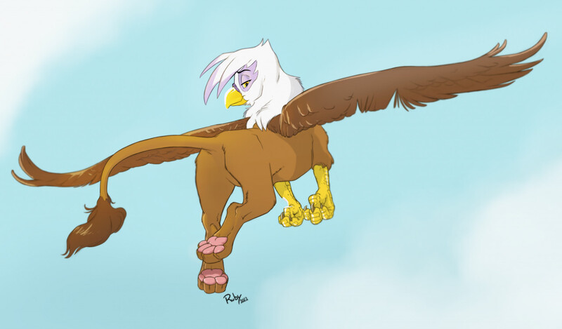 Size: 1280x751 | Tagged: safe, artist:crimes, derpibooru import, gilda, gryphon, butt, colored, cute, feet, female, flying, foot focus, gildadorable, gildonk, image, jpeg, looking at you, looking back, paw pads, paws, plot, simple background, solo, solo female, spread wings, tail, talons, wings