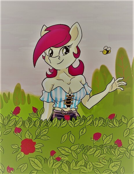 Size: 738x957 | Tagged: safe, artist:furryfantan, derpibooru import, roseluck, anthro, bee, insect, breasts, flower, image, jpeg, rose, smiling