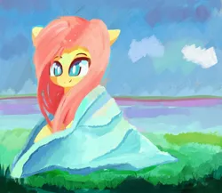 Size: 2480x2155 | Tagged: safe, artist:solid shrimp, derpibooru import, fluttershy, pegasus, pony, image, jpeg, lake, scenery, solo, towel, water, wet