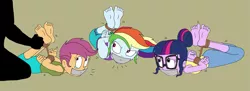 Size: 2169x788 | Tagged: suggestive, artist:bugssonicx, derpibooru import, rainbow dash, sci-twi, scootaloo, twilight sparkle, equestria girls, barefoot, bondage, feet, gag, image, png, tape, tape gag, tied up, yoga